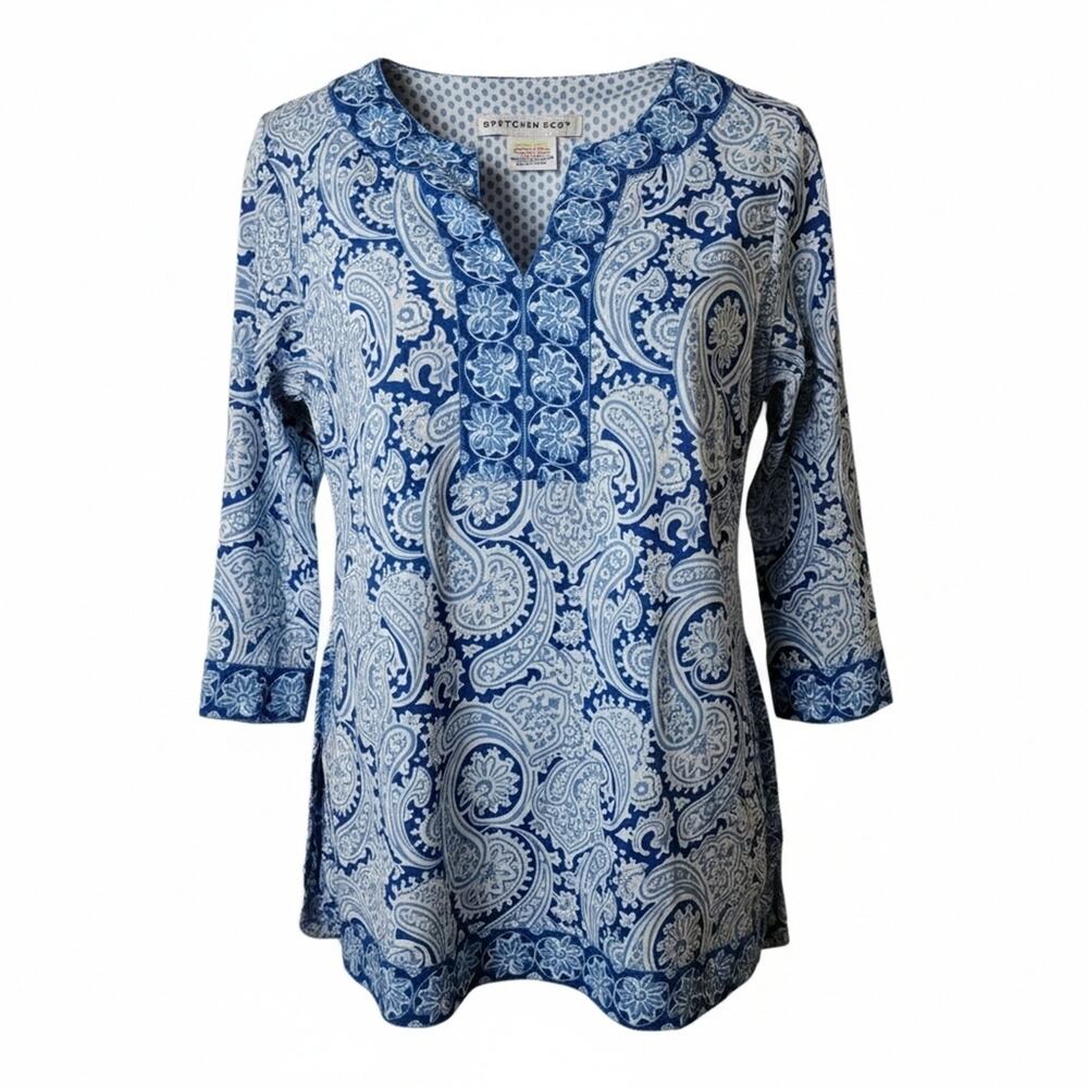 Gretchen Scott Blue Paisley Tunic Coastal Cottagecore Resort Vacation Blouse S
